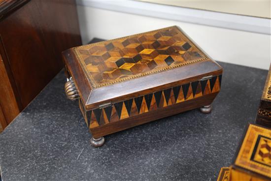 An early 19th century Tunbridge ware Vandyke marquetry sewing box and similar tea caddy, 13in.